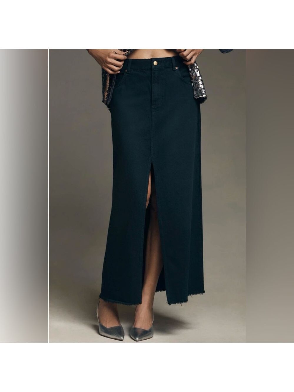 Anthropologie Pilcro Black Denim Maxi Skirt Size 6 High Rise Front Slit Raw Hem